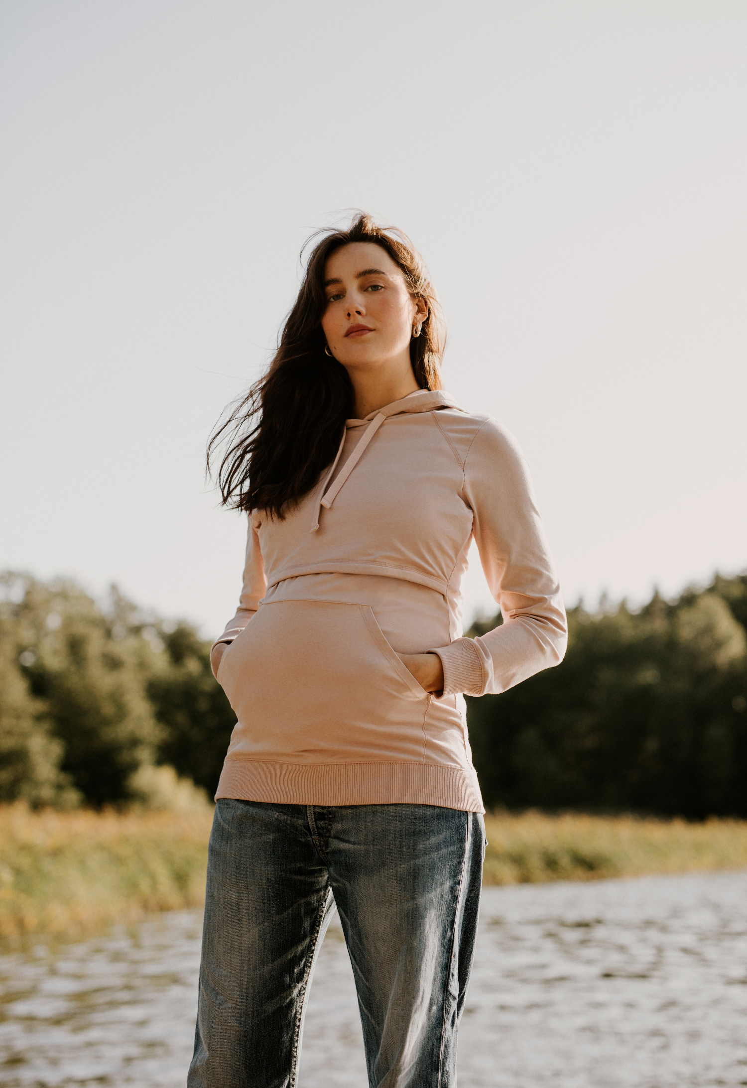 Hoodie med fleecefodrad amningsfunktion - Pebble